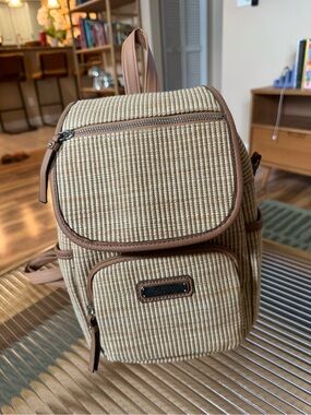 Rosetti Beige Woven Mini Backpack with Brown Trim